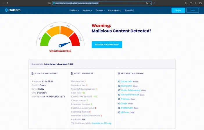 Capture d'écran de l'interface du site Qutera affichant un avertissement 'Malicious Content Detected!' pour le blog https://www.richard-dem.fr, identifié comme présentant un risque critique.