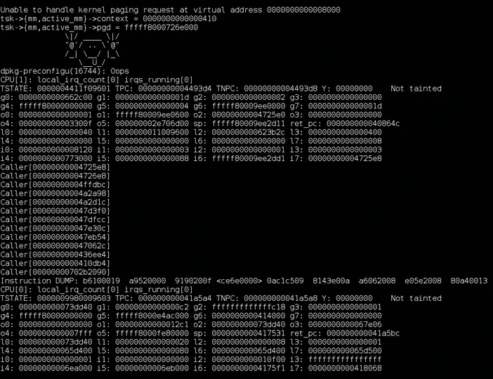 Capture d'écran de terminal Linux montrant un message 'Oops' et une pile d'appels (stack trace) pour l'erreur CPU1.