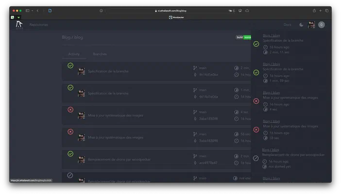 Capture d'écran de l'interface du gestionnaire de code Woodpecker affichant une liste de branches avec des indicateurs de statut.