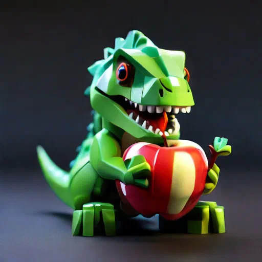**Prompt :** *an avatar icon of a cute LEGO-style T. rex enjoying an apple. there is a single bite in the apple.*