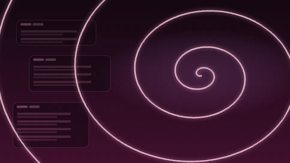 Illustration abstraite éditoriale avec une grande spirale lumineuse rose sur fond violet foncé, accompagnée de trois rectangles sombres à gauche évoquant des résultats de recherche.