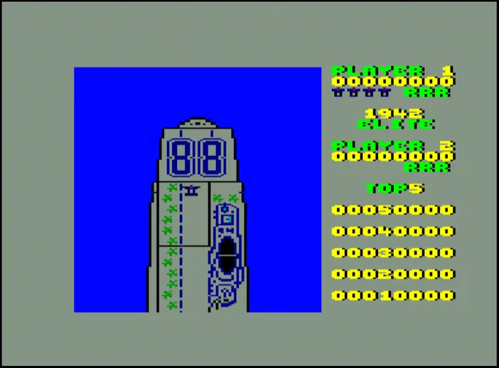Capture d'écran du jeu vidéo 1942 montrant un avion et l'interface de score.