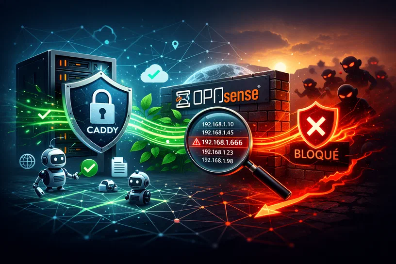 Illustration cyber-sécurité montrant un serveur Caddy avec bouclier bleu et des robots amicaux à gauche, tandis qu'un pare-feu OPNsense émet un bouclier orange pour bloquer une IP suspecte au centre.