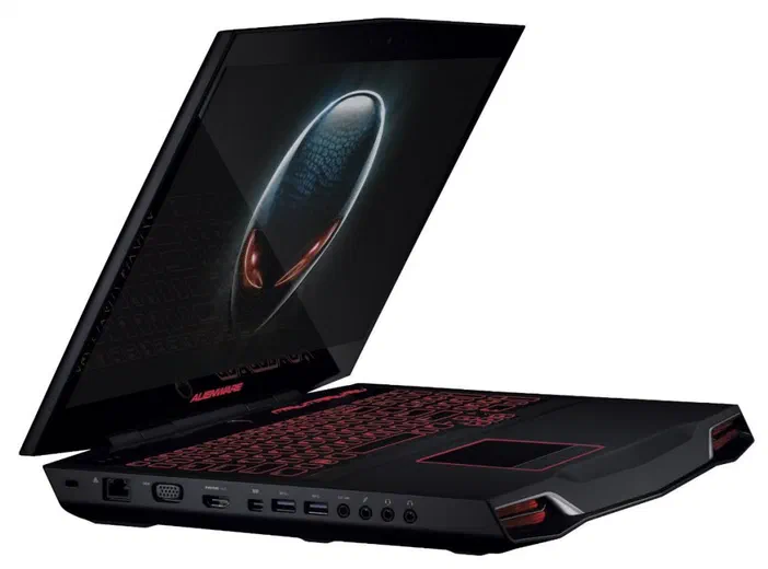 Ordinateur portable Alienware noir avec clavier rouge et logo sur l'écran