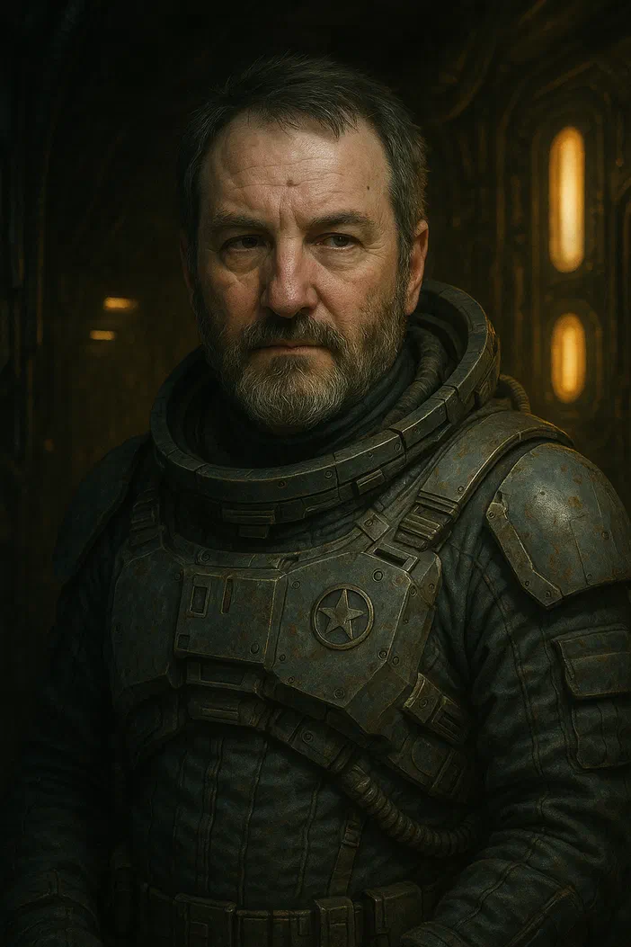 Portrait d'un homme barbu portant une combinaison spatiale usée, avec un logo étoile sur la poitrine.