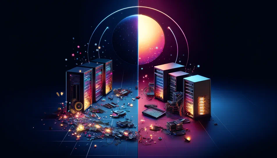 Illustration divisée en deux montrant des serveurs informatiques : à gauche un serveur endommagé avec débris et étincelles sous une lune bleue ; à droite un serveur intact sous une lune orange.