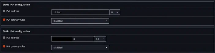 Capture d'écran de l'interface Opnsense montrant la configuration IPv6 statique avec adresse et règles gateway désactivées.