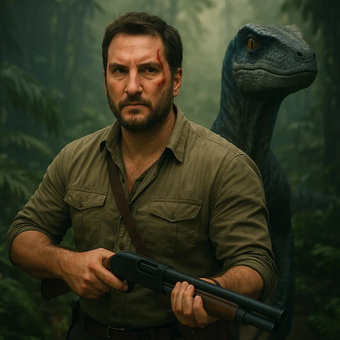Un homme barbu avec une blessure au visage tient un fusil dans la jungle, accompagné d'un dinosaure bleu derrière lui.