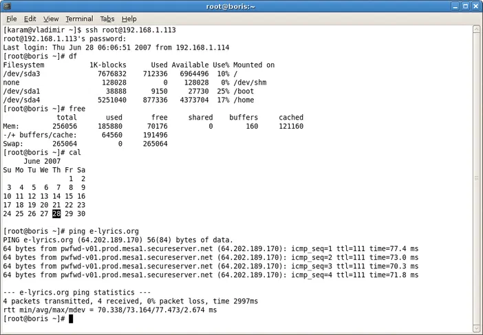 Capture d'écran du terminal GNOME affichant des commandes OpenSSH et les résultats de ping sur un serveur Linux.