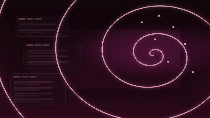 Illustration abstraite avec des spirales lumineuses roses sur fond violet foncé et des rectangles flous à gauche.