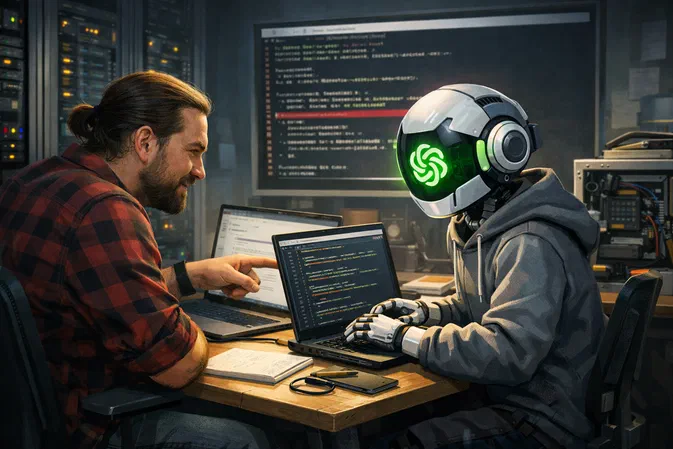 Un homme et un robot à casque vert collaborent sur des ordinateurs portables dans une salle de serveurs.