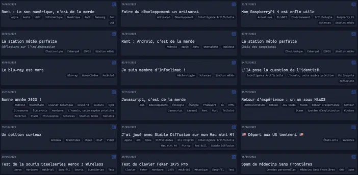Capture d'écran de la page du blog informatique présentant une grille de posts avec des titres et catégories.