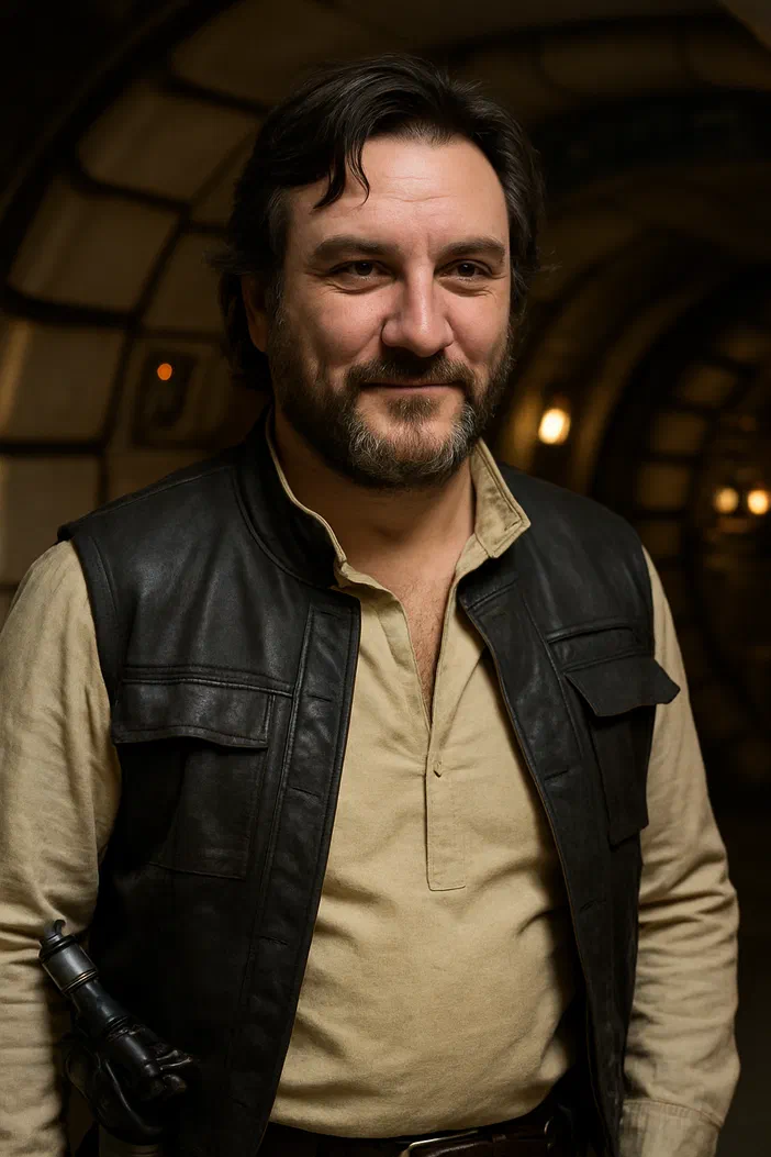 Un personnage masculin à la barbe, vêtu d'un gilet noir et d'une chemise beige, se tenant dans un couloir de vaisseau spatial.