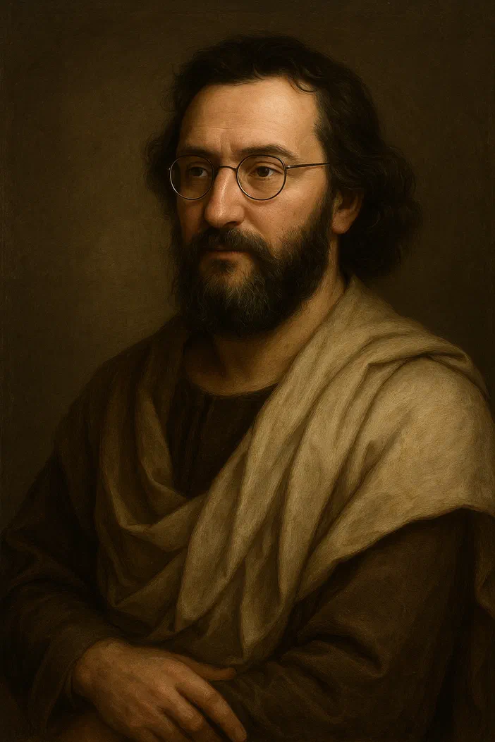 Portrait de Baruch Spinoza, philosophe du XVIIe siècle, avec des lunettes et une barbe.