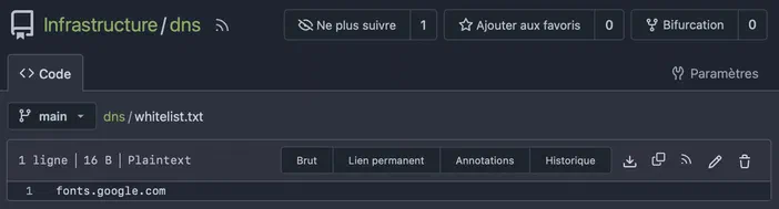 Capture d'écran de l'interface NixOS montrant un fichier whitelist.txt contenant 'fonts.google.com', avec des boutons Brut, Lien permanent et Annotations.