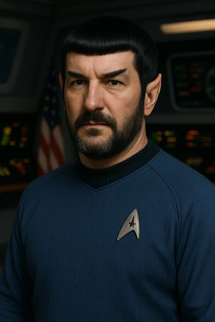 Portrait de Spock, personnage vulcain à la barbe et au front dégagé, portant un uniforme bleu avec l'étoile des Star Trek.