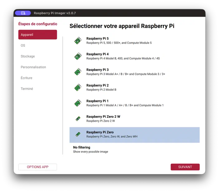 Capture d'écran de Raspberry Pi Imager affichant la sélection du modèle 'Raspberry Pi Zero' dans une liste verticale.