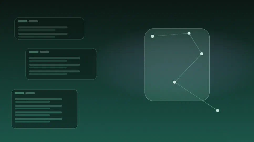 Illustration abstraite éditoriale avec trois panneaux rectangulaires à gauche et un diagramme de points connectés dans une forme arrondie, sur fond vert foncé.