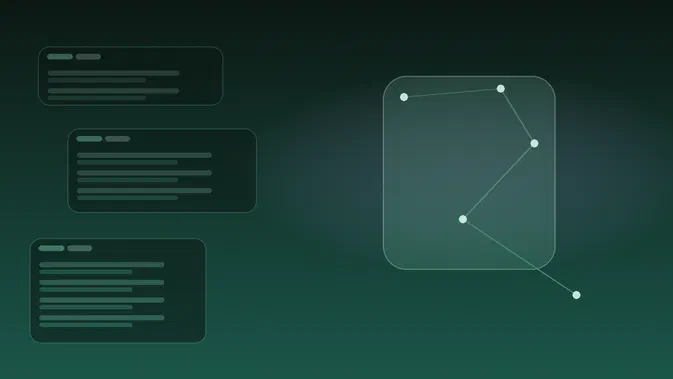 Illustration abstraite éditoriale avec trois panneaux rectangulaires à gauche et un diagramme de points connectés dans une forme arrondie, sur fond vert foncé.