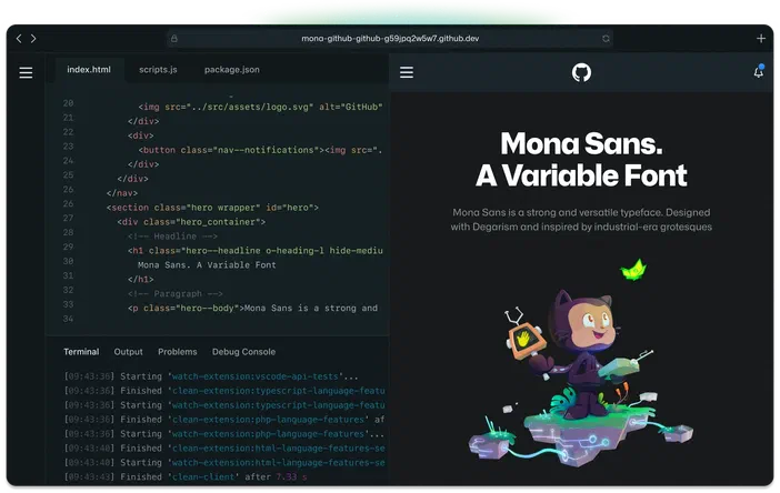 Interface de GitHub Codespaces montrant un éditeur de code avec des fichiers HTML et JS à gauche, une page web affichée au centre mentionnant 'Mona Sans. A Variable Font', et le terminal en bas.