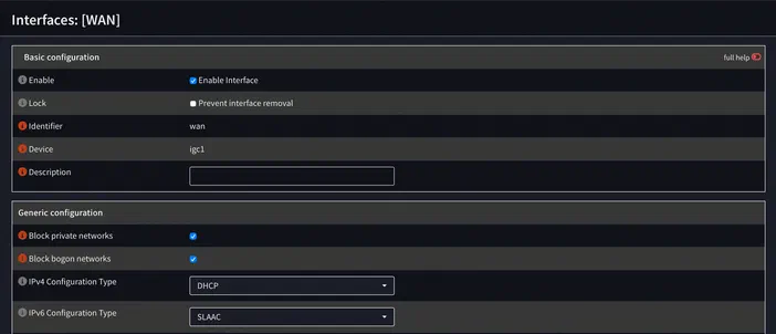 Capture d'écran de l'interface WAN du logiciel OpenVPN montrant les configurations IPv4 DHCP et IPv6 SLAAC.