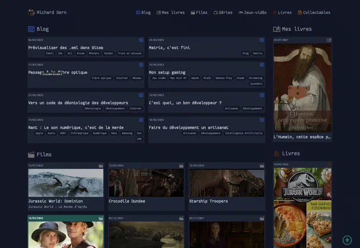 Capture d'écran du site informatique montrant des articles de blog et une galerie de films.