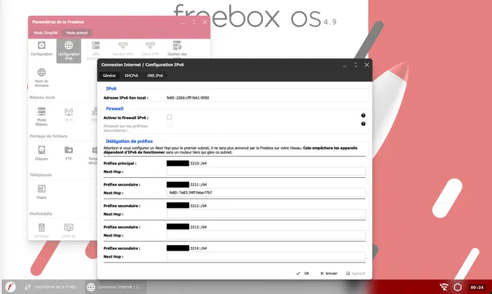 Capture d'écran de l'interface de configuration IPv6 d'une Freebox, montrant la délégation de préfixes.