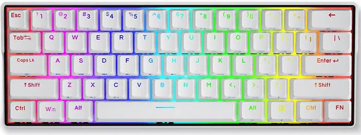 Clavier mécanique blanc avec des touches colorées en arc-en-ciel.