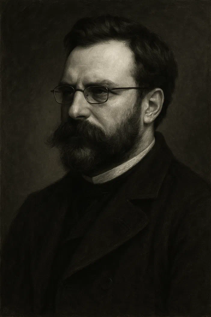 Portrait en noir et blanc d'un homme à la barbe fournie, portant des lunettes et un manteau sombre.