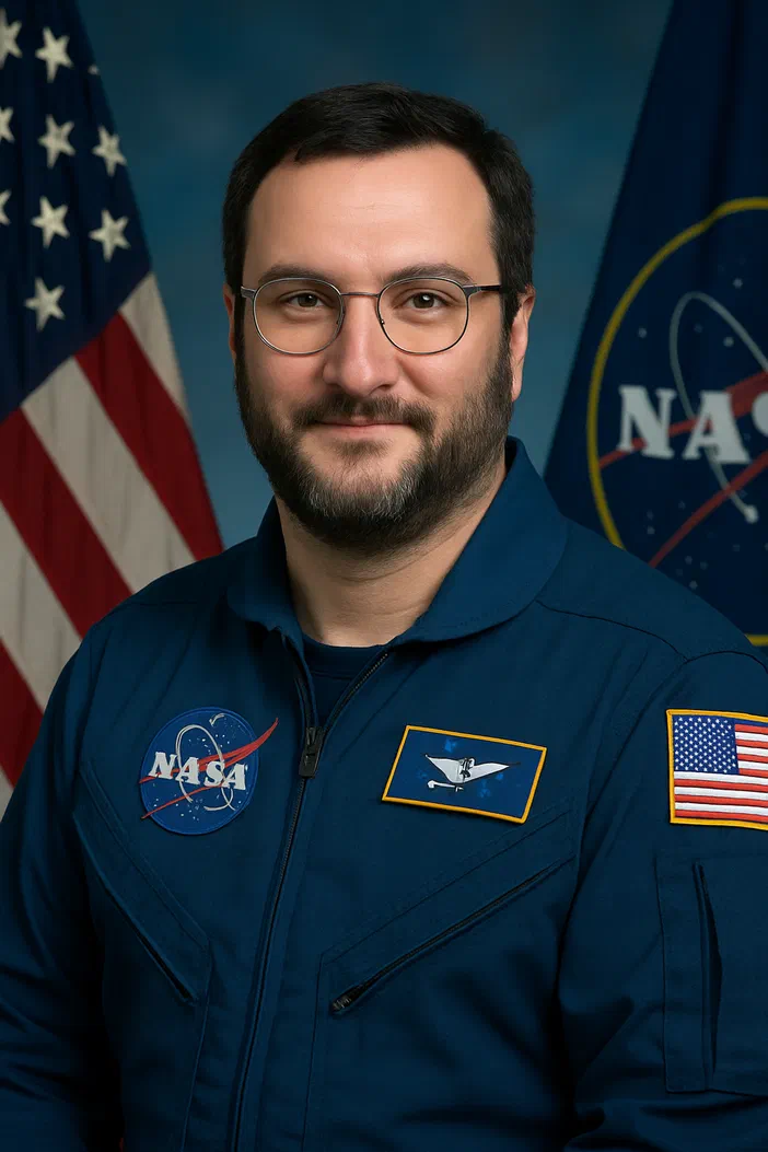 Portrait d'un homme portant une combinaison spatiale bleue avec les insignes de la NASA et des États-Unis, devant un drapeau américain et le logo de l'agence.