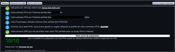 Capture d'écran du site test-ipv6 affichant un score de préparation IPv6 de 10/10 avec des informations sur l'adresse IP, le FAI et les serveurs DNS.