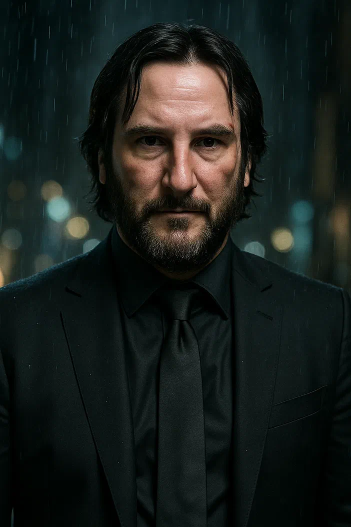 Portrait d'un homme à la barbe et aux cheveux foncés, vêtu d'un costume noir avec une chemise noire assortie. Il se tient devant un fond sombre où l'on distingue des lumières floues en arrière-plan.