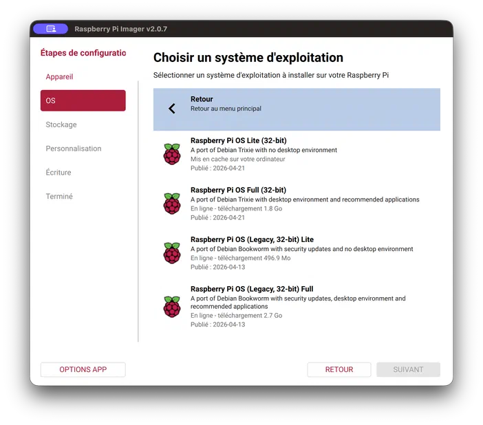 Capture d'écran de l'interface Raspberry Pi Imager en français affichant la sélection des systèmes d'exploitation disponibles pour un Raspberry Pi.