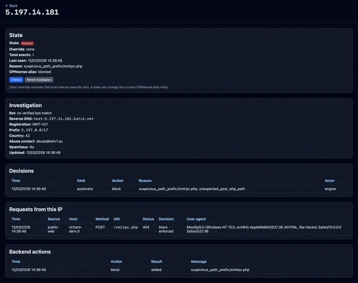 Capture d'écran de l'interface web du système de blocage IP 'informatique', affichant les détails pour le serveur 5.197.14.181, dont la raison est un chemin suspect.