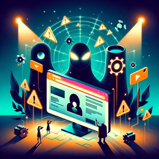 Illustration d'ordinateur avec écran affichant profil utilisateur entouré de symboles informatiques et avertissements