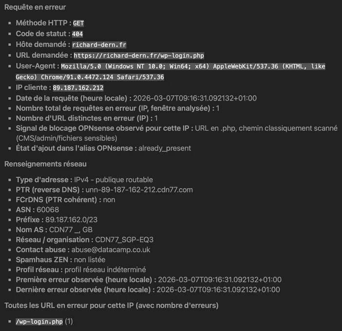 Capture d'écran de l'interface OPNsense montrant une requête HTTP GET bloquée avec un code de statut 404, provenant du site richard-dern.fr et visant le fichier wp-login.php.