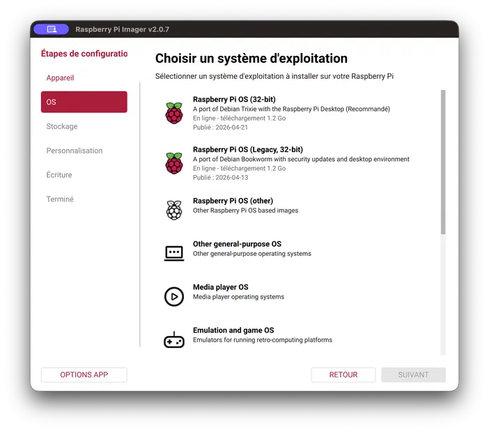 Capture d'écran de l'interface du logiciel Raspberry Pi Imager en version française affichant la liste des systèmes d'exploitation disponibles pour installation sur un Raspberry Pi.