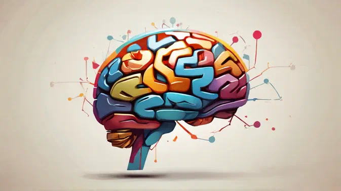 Illustration d'un cerveau coloré avec des connexions neuronales stylisées.
