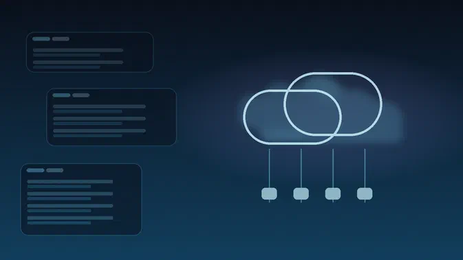 Illustration abstraite sur le cloud computing avec des nuages géométriques et des lignes de synchronisation.