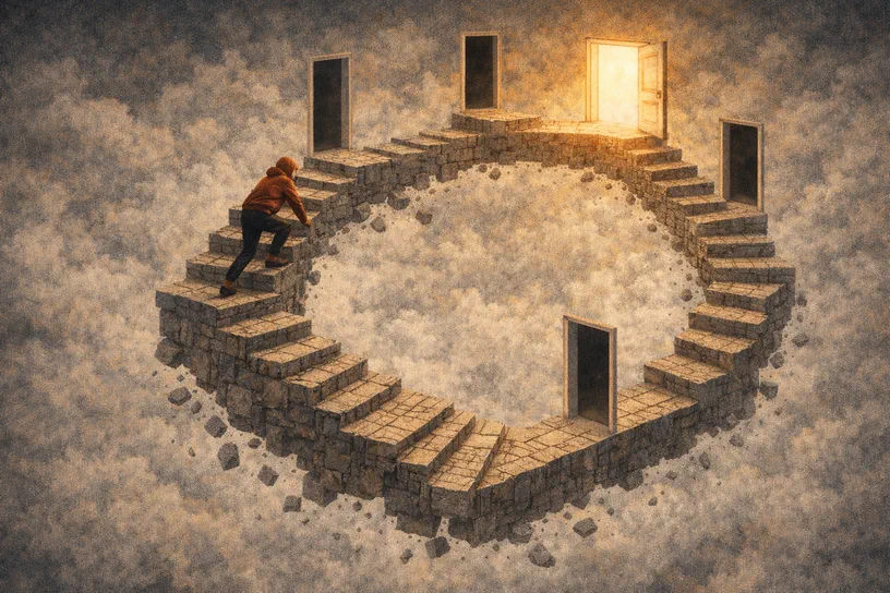 Une personne en capuche rouge grimpe un escalier de Penrose impossible, une boucle fermée de marches en pierre suspendue dans le vide nuageux avec plusieurs portes menant à l'obscurité.