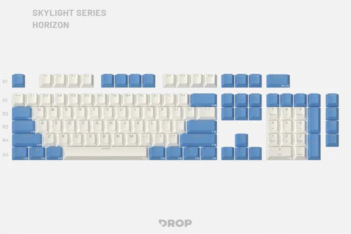 Clavier mécanique personnalisé avec des touches blanches et bleues, étiqueté SKYLIGHT SERIES HORIZON.