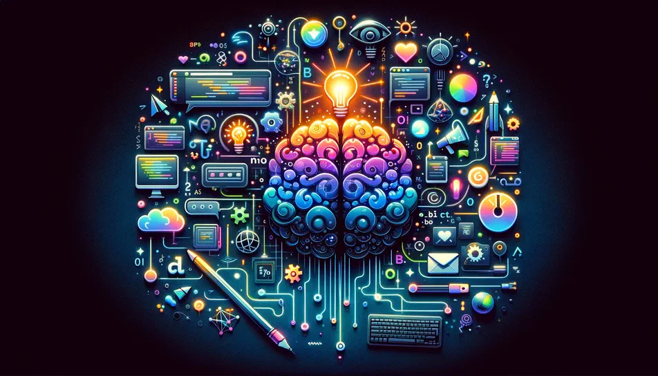 Illustration d'un cerveau numérique entouré de symboles informatiques et technologiques