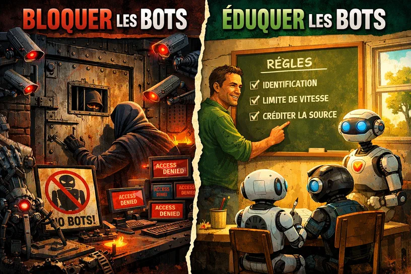Illustration divisée en deux : à gauche, un univers sombre où une figure encapuchonnée combat des bots sous surveillance ; à droite, une scène lumineuse où un homme enseigne la coopération aux robots.