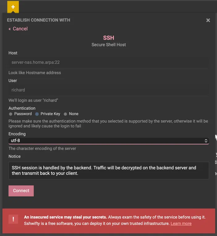 Interface de connexion SSH dans l'application Sshwifty, affichant les paramètres d'hôte et d'utilisateur.