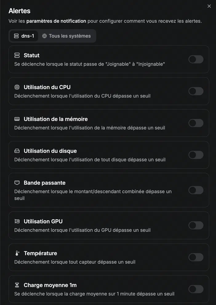 Interface de configuration des alertes du système Beszel, affichant une liste d'indicateurs comme l'utilisation CPU et la température avec leurs interrupteurs désactivés.