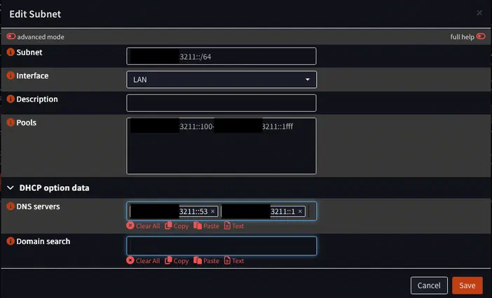 Interface de configuration d'un sous-réseau IPv6 dans un logiciel informatique