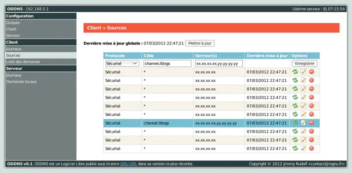 Interface de gestion ODDNS affichant une liste de sources avec protocoles sécurisés et cibles.
