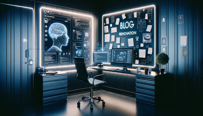 Bureau futuriste avec écrans lumineux affichant un cerveau numérique et le texte BLOG RENOVATION