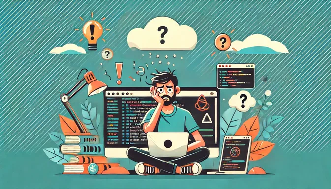 Illustration d'un développeur informatique assis sur le sol devant un ordinateur portable affichant du code source. L'homme a l'air frustré, se tenant la tête avec une main et portant des lunettes noires. Autour de lui flottent divers éléments symbolisant les problèmes techniques : nuages contenant des points d'interrogation, ampoules à bulle d'exclamation, icônes de code en rouge, ainsi que des livres empilés sur lesquels repose un lampadaire.