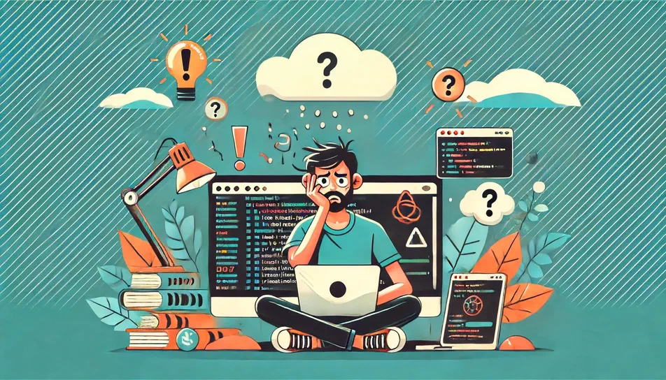 C'est (de) la merde Illustration d'un développeur informatique assis sur le sol devant un ordinateur portable affichant du code source. L'homme a l'air frustré, se tenant la tête avec une main et portant des lunettes noires. Autour de lui flottent divers éléments symbolisant les problèmes techniques : nuages contenant des points d'interrogation, ampoules à bulle d'exclamation, icônes de code en rouge, ainsi que des livres empilés sur lesquels repose un lampadaire.